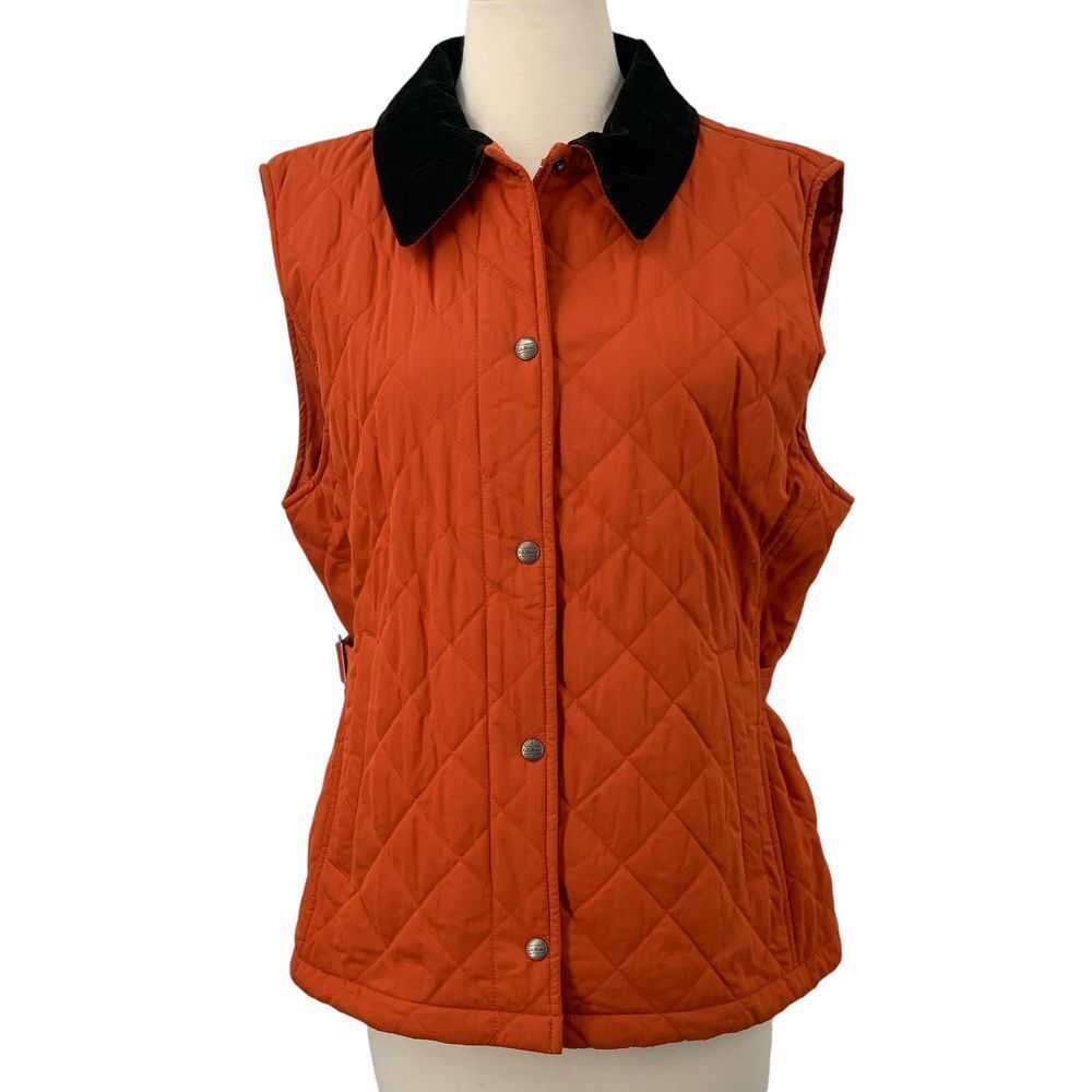 LL‎ Bean Women's Snap Front Quilted Orange Vest Black Corduroy Collar Size PL